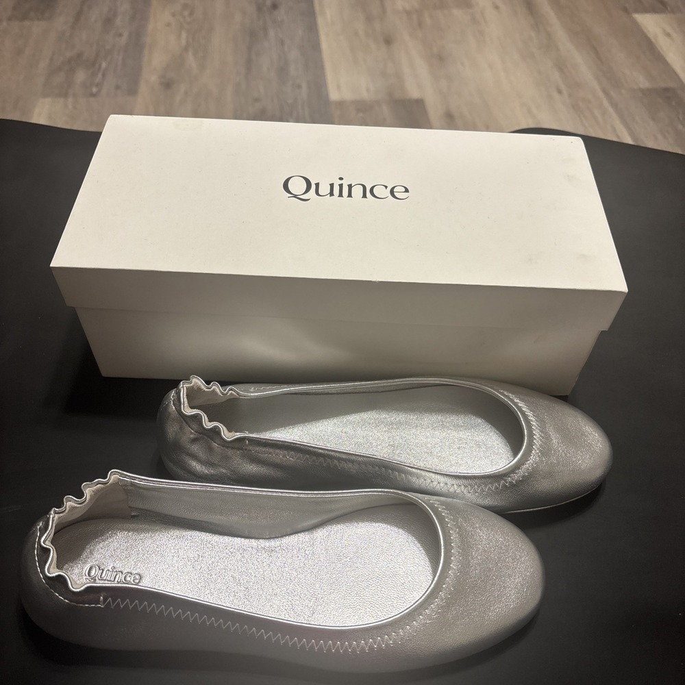Women's Size 6 Quince Italian Leather On The Go Ballet Flats Silver New W/ Box